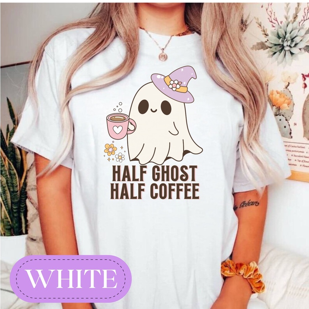 Retro Cute Spooky Coffee Shirt, Half Ghost Half Coffee Tee, Cute Halloween